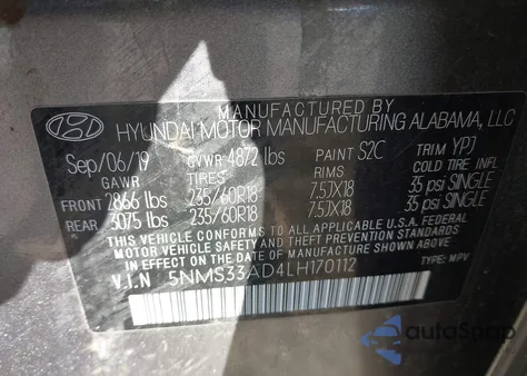 2020 Hyundai Santa Fe Sel из США, поврежденный, VIN 5NMS33AD4LH170112